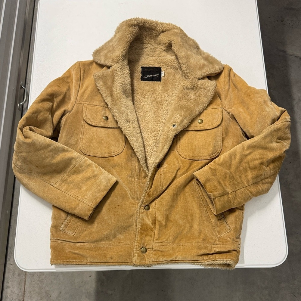 JCPenney Corduroy Trucker Jacket Mens 38 Tan Sherpa Lined Vintage Distressed